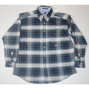 Vtg Tommy Hilfiger Button-Up Dress Shirt Men's Large Green Plaid Long‎ Sleeve